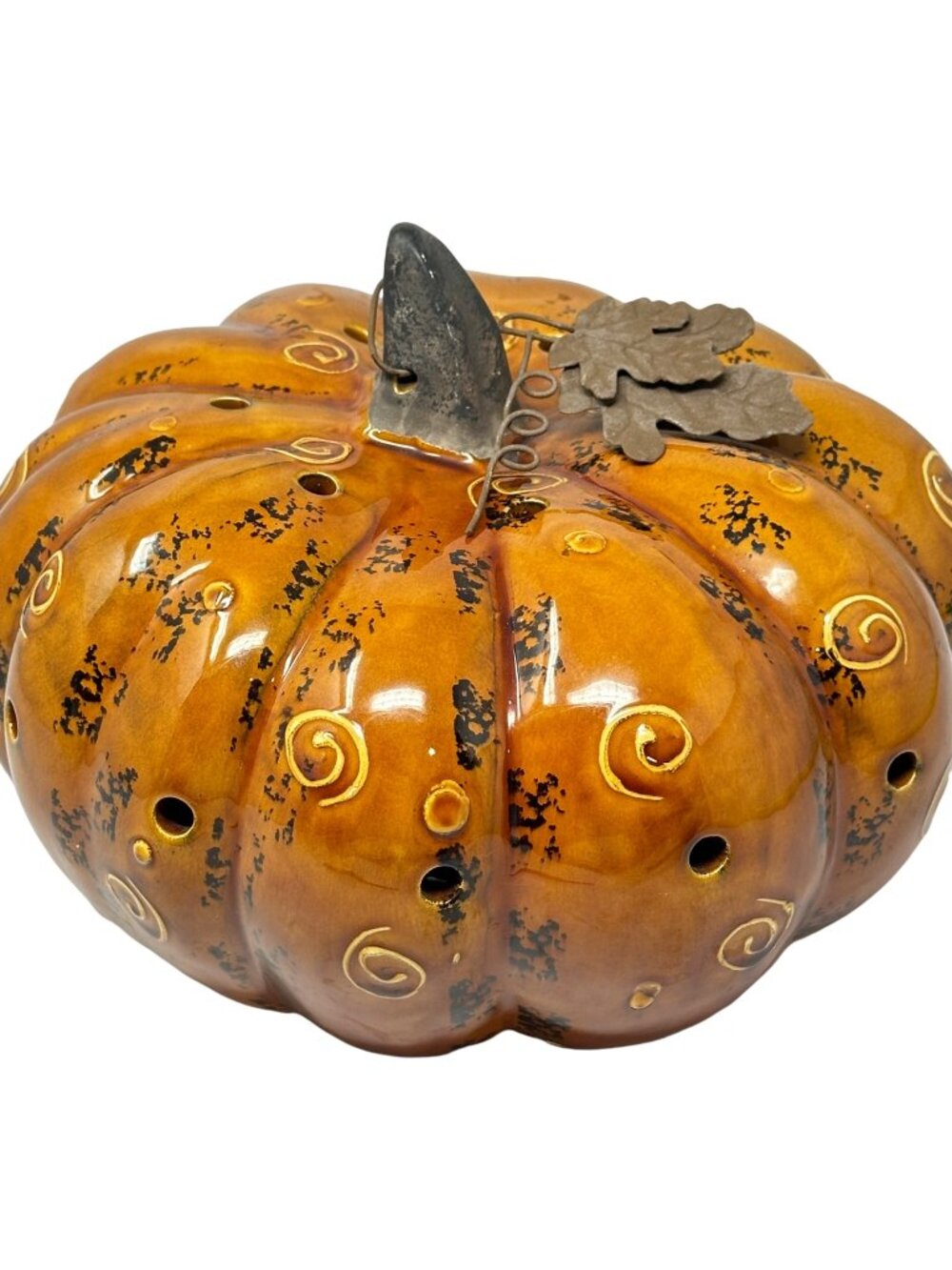 Glass Pumpkin Decorative Fall Halloween Art Swirls Metal Stem Leaves 6x5 in